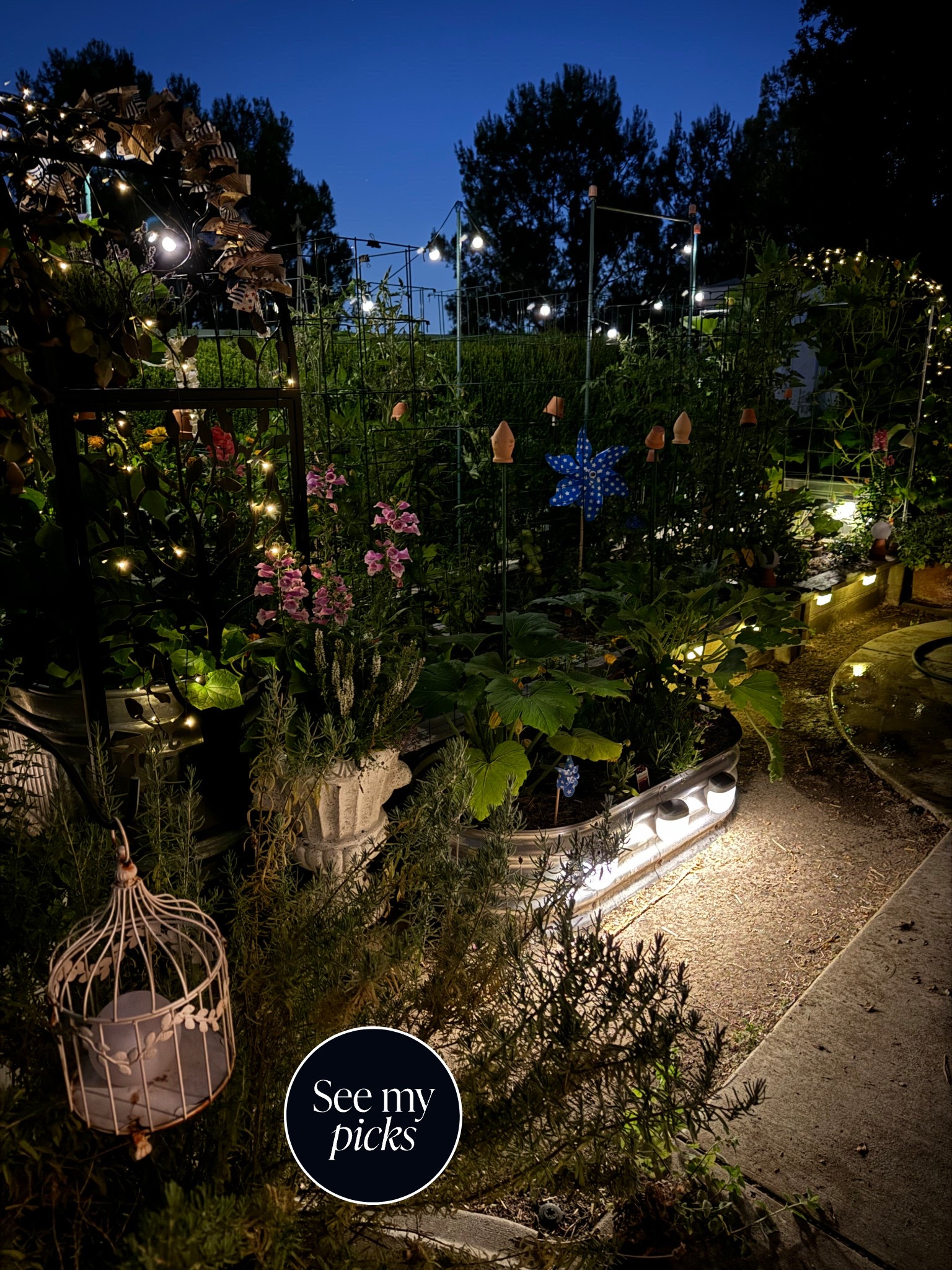My garden at twilight! Every hour in the garden is magical! Here are some of my favorite garden items~ #garden #trellis #patio #backyard #lights #deck #summer #grow #stool #containergarden 

#LTKSeasonal #LTKSummerEdit #LTKHome