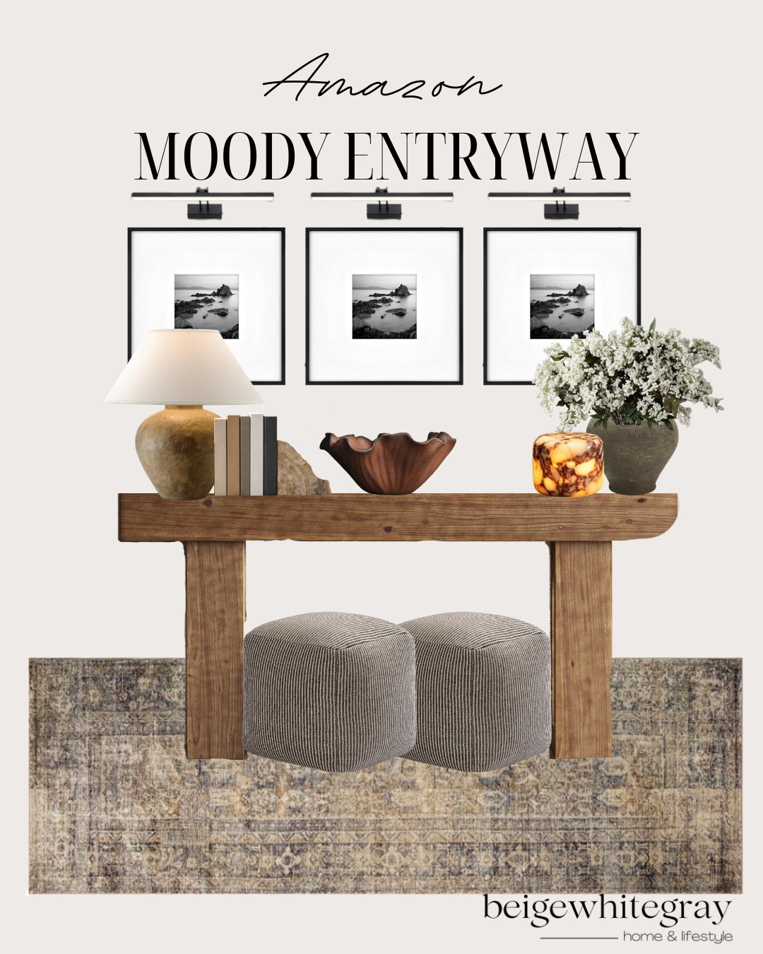 Amazon Moody Entryway,Amazon home decor, Amazon finds, moody entryway, entryway decor, console table styling, picture lights, gallery wall inspiration, wood console table, neutral area rug, decorative lamp, wood bowl decor, decorative books, floral arrangement, ottoman styling, cozy home decor, organic modern home, modern farmhouse entryway, foyer inspiration, luxury home styling, Amazon decor finds

#LTKHome