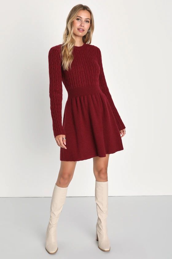 Comfortable Aura Burgundy Cable Knit Skater Sweater Dress | Lulus (US)