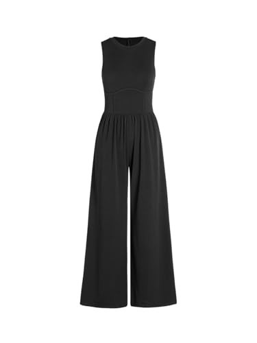 CIDER Jumpsuits for Women Sleeveless Wide Leg Overalls Dressy Crewneck One Piece Jumpsuits with Pockets Summer Fall: Black, L | Amazon (US)