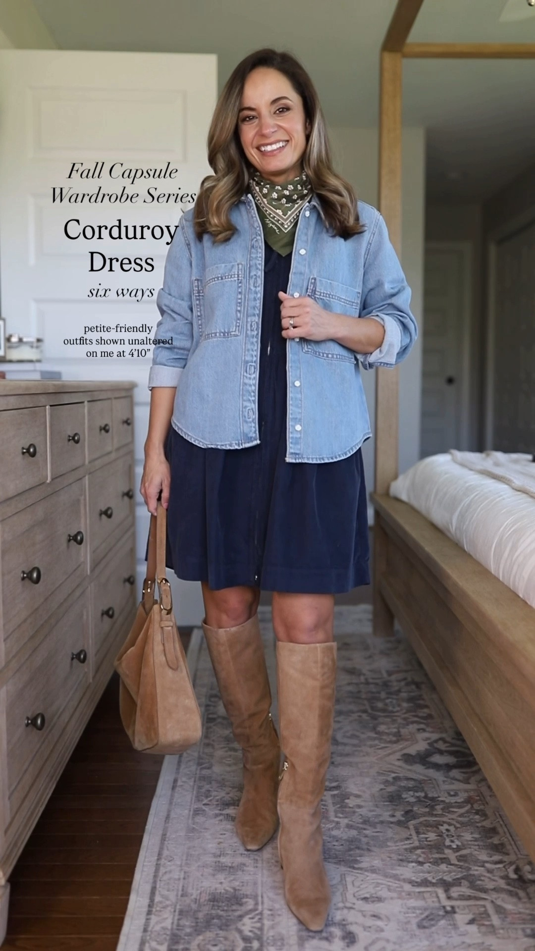 The fall 2026 casual capsule wardrobe series: multiple ways to wear a corduroy dress. 

Corduroy Dress (J.Crew): 00 (also comes in petite) 

Gray Cardigan (Quince): xs 
Striped Sweater (Madewell): xs 
Brown Marled Sweater (Gap): petite xs 
White Sweater (Gap): petite xs 
White T-Shirt (Old Navy): petite xs 
Denim Top (Target): small (sized up) 
White Button Down (Quince): xs 
Orange Top (Madewell): xxs 
Ecru Jeans (Madewell): 24 / 10 7/8” rise / 27” inseam (they also come in petite with a 10 3/8” rise / 25” inseam) 
Dark Wash Jeans (J.Crew Factory): petite 24 / 10” rise / 28” inseam 
Corduroy Pants (BR Factory): petite 25 / 10” rise / 27.5” inseam 
Green Jacket (Ann Taylor): petite xxs 
Field Jacket (Madewell): xxs 
Corduroy Skirt (Gap Factory): 25 - sized up 

Included shoes are all true to size 

For size comparison, I’m 4’10” 105lbs. My measurements are 32”, 24”, 36”. I typically wear petite xxs/00/24 and have a 25” ankle inseam and a 27.5-28” full length inseam.

#LTKPetite