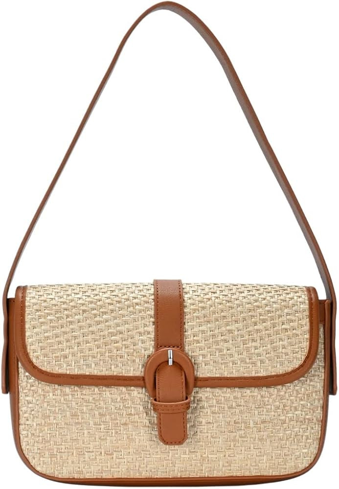 Vegan Leather Rattan Straw Y2K Retro Shoulder Bag Tote Purse Clutch | Amazon (US)