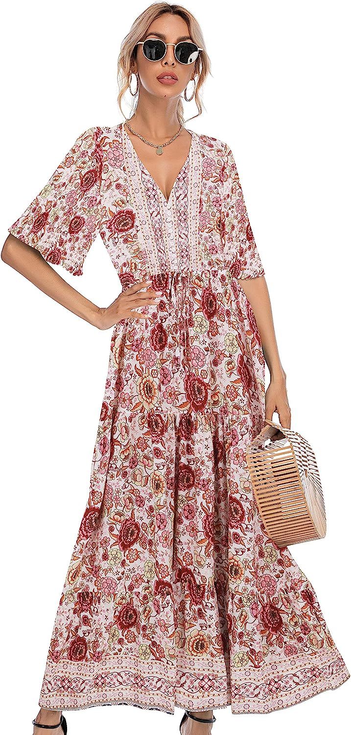 R.Vivimos Womens Summer Floral Print Cotton Short Sleeve Flowy Dress | Amazon (US)