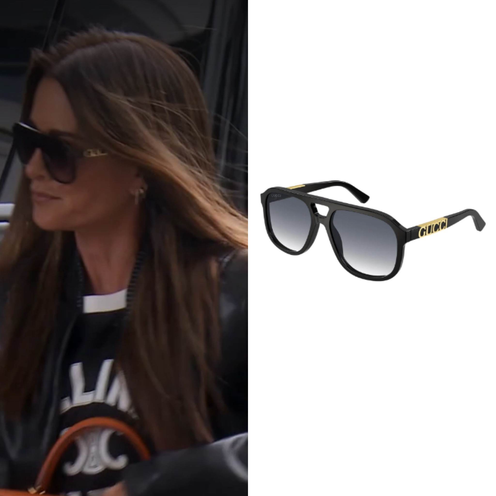 Kyle Richards’ Black Pilot Frame Aviator Sunglasses and Leather Jacket // Shirt by Celine // Bag and Shoes by Hermes