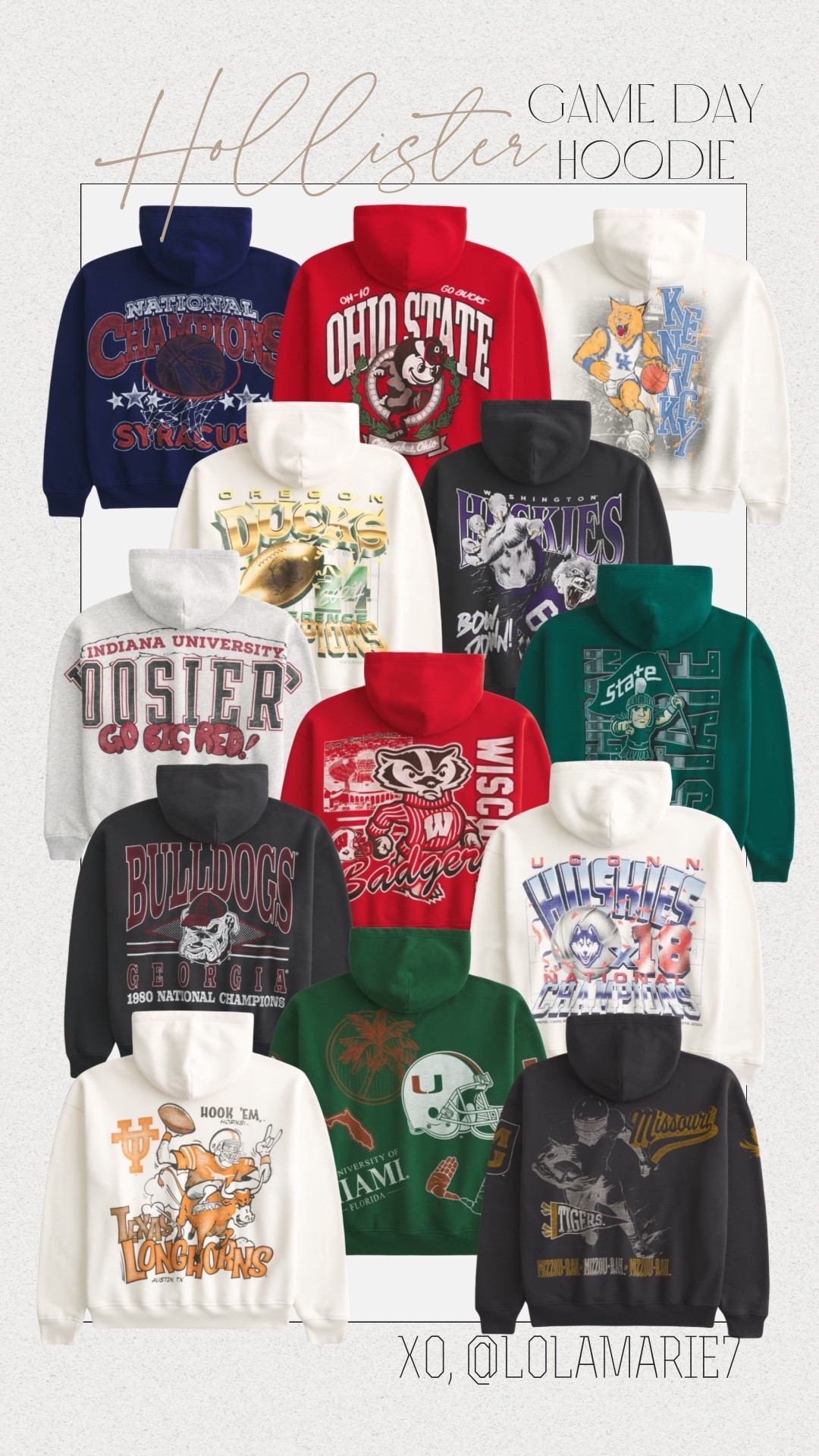 Where are my college sports fans 🙋🏼‍♀️
Hollister college hoodies 30% off 

#hollister #college #gameday 

#LTKFindsUnder100 #LTKootd #LTKSaleAlert