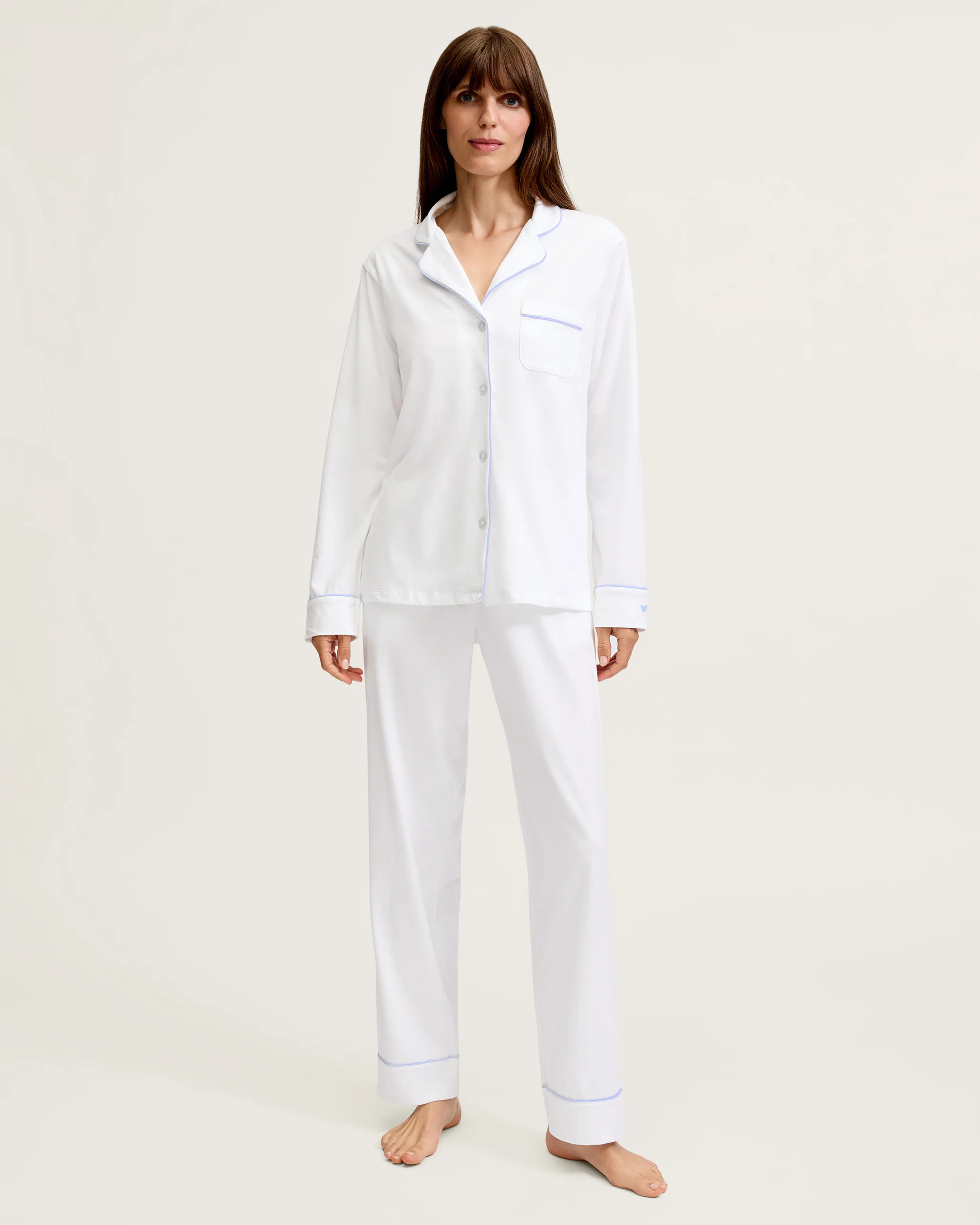 Women's Pima Pajama Set in White with Periwinkle Piping | Petite Plume