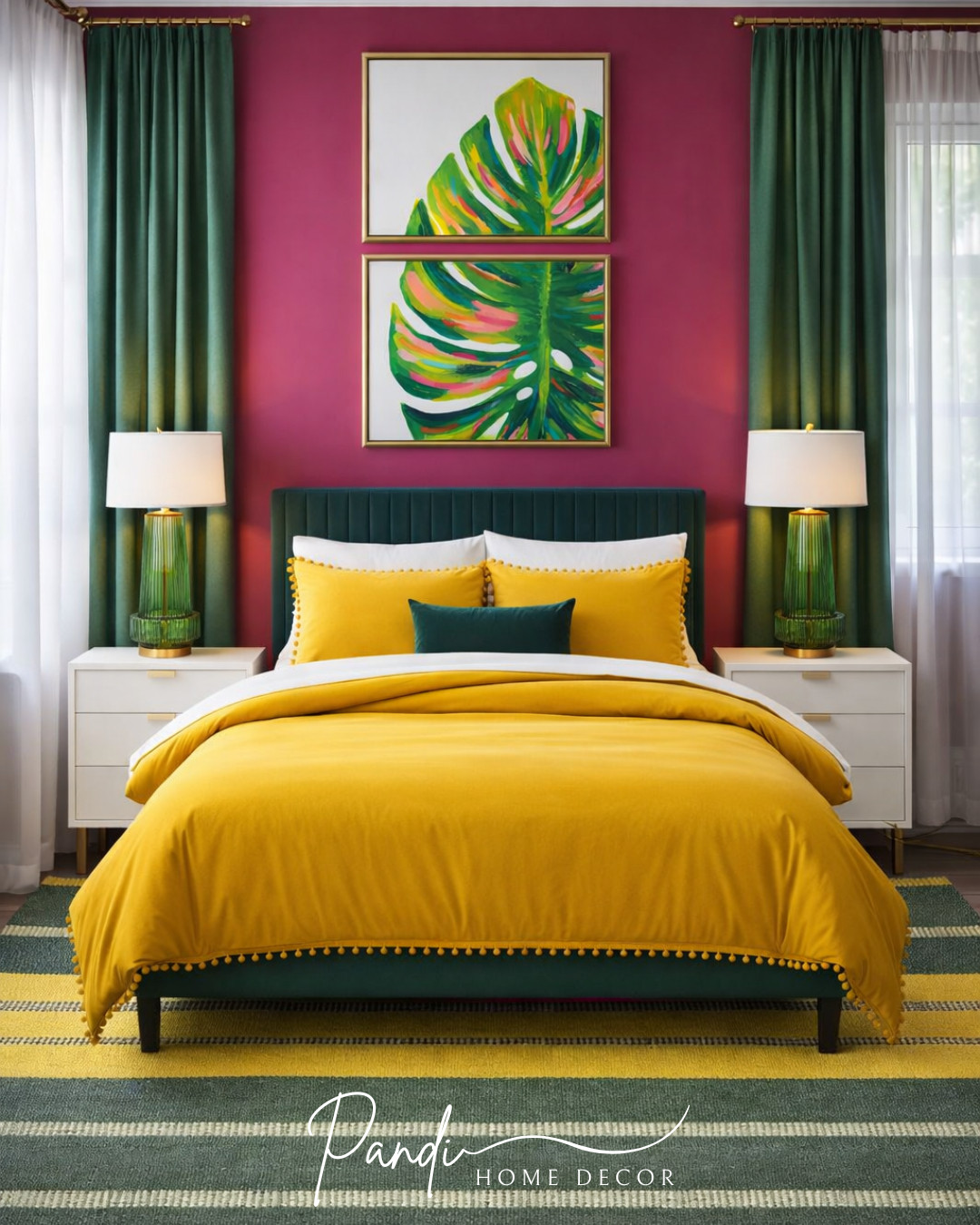 Bold color done right 💚💛 Rich green, warm yellow, and a deep pink backdrop create a vibrant bedroom that feels fun yet balanced. Statement art and layered textures pull everything together beautifully.
#ColorfulBedroom #BoldDecor #GreenAndYellow #BedroomDecor #StatementWall #BedroomInspo #HomeDecor 

 #LTKHome