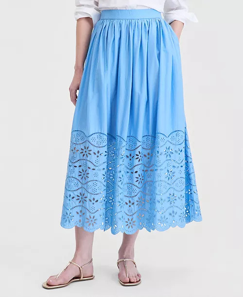 On 34th Women's Cotton Solid Eyelet Midi Skirt, Macy's Exclusive - Macy's | Macy's