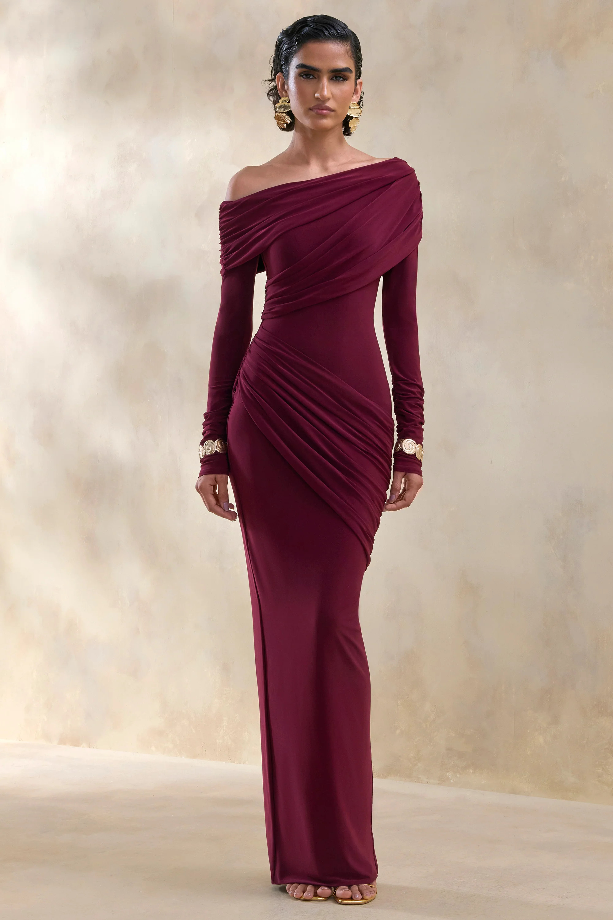 Rosirene | Burgundy Asymmetric-Neck Maxi Dress With Draped-Detailing | Club L London
