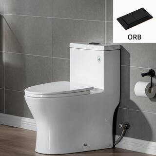 Elite 1-Piece 1.1/ 1.6 GPF Dual Flush Elongated Toilet in White with Seat Included and Oil Rubbed Bronze Button | The Home Depot