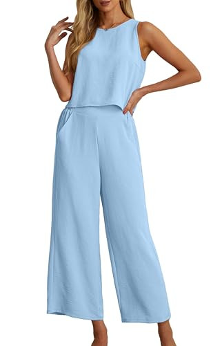 Amazon.com: IWOLLENCE Women's Summer 2 Piece Outfits Set Round neck Sleeveless Tank Crop Top Wide... | Amazon (US)