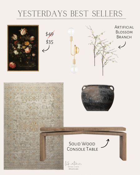 Yesterdays Best Sellers 
Floral wall art /  wood console table / vintage clay vase / Keanu sconce / Loloi rug 

#LTKHome #LTKSaleAlert