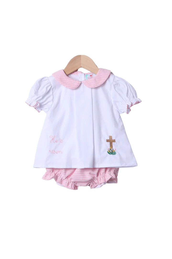 He is Risen/Cross Pink Windowpane Bloomer Set | The Smocked Flamingo