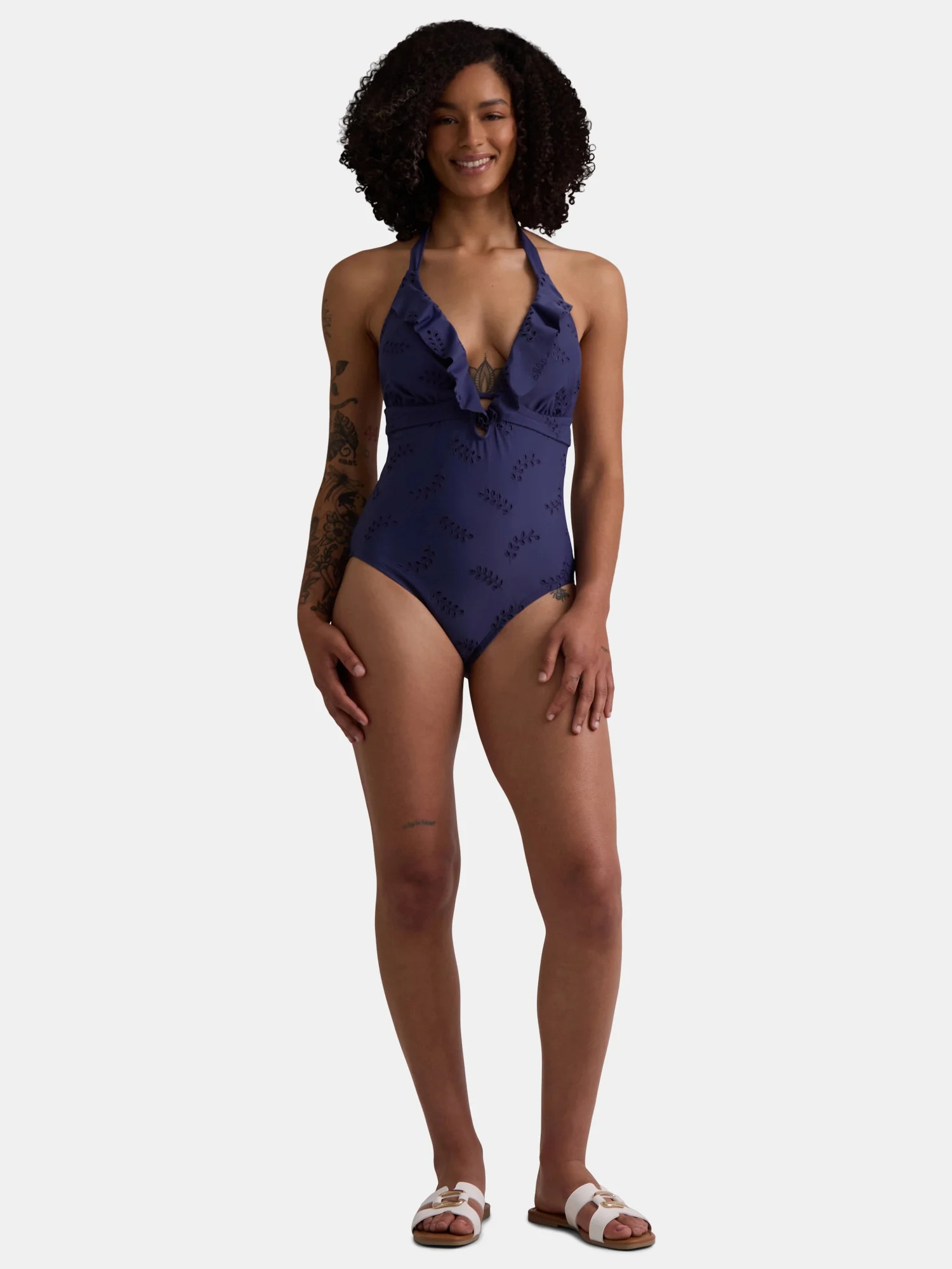 Time and Tru Women’s and Women’s Plus Eyelet Embroidered Ruffle One Piece Swimsuit, Sizes XS-... | Walmart (US)
