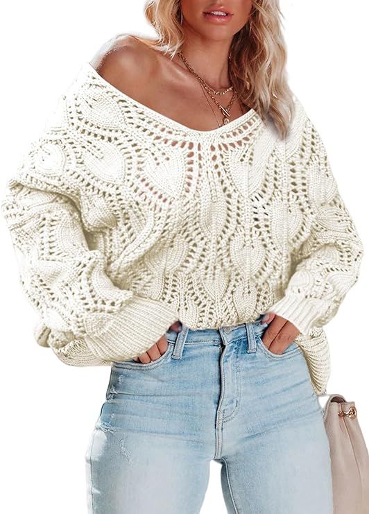 AlvaQ Women‘s 2023 Fall Long Sleeve V Neck Crochet Sweater Ribbed Hem Casual Hollow Out Knitwea... | Amazon (US)