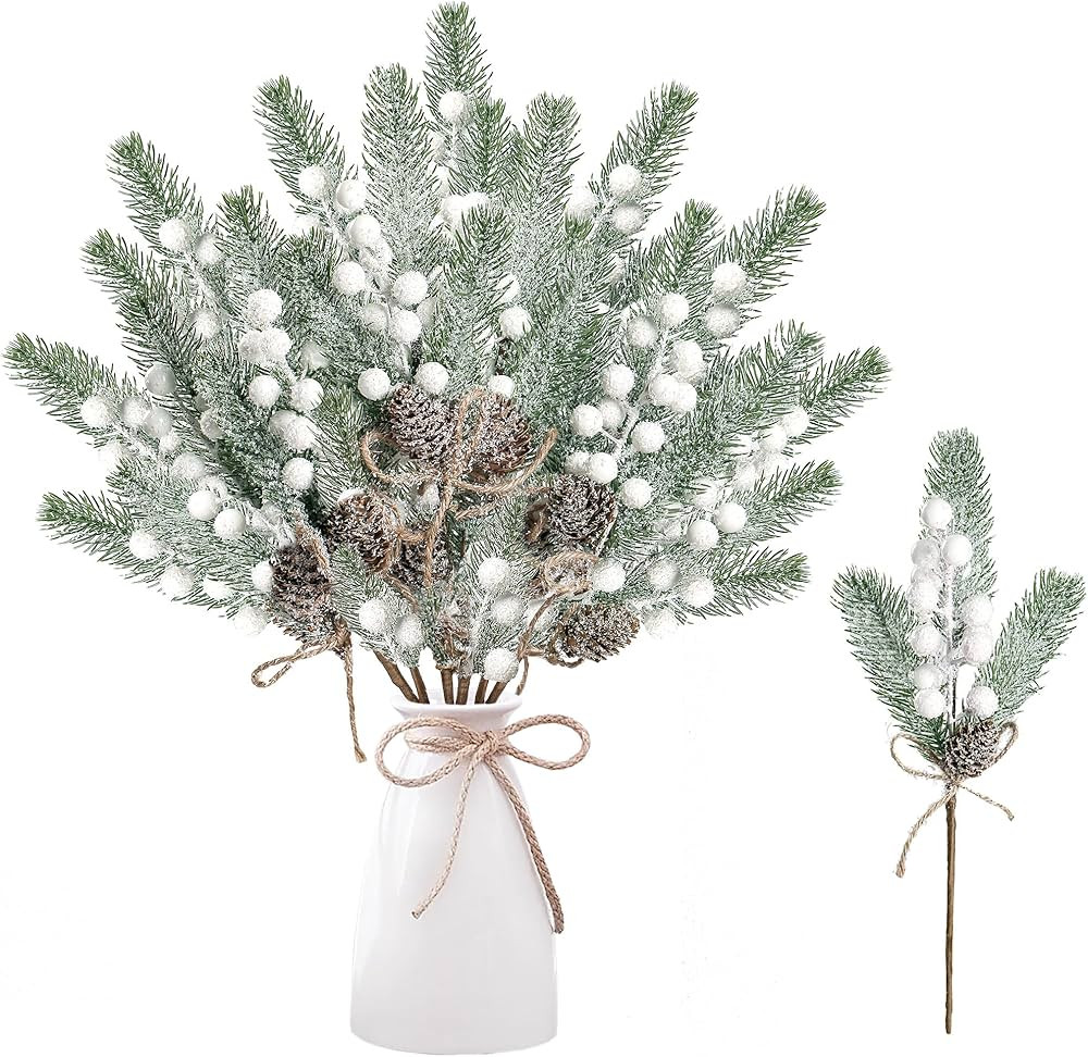 Sggvecsy 6 Pack Snow Frosted Christmas Berries Pine Picks Artificial White Berry Pine Branches Fa... | Amazon (US)