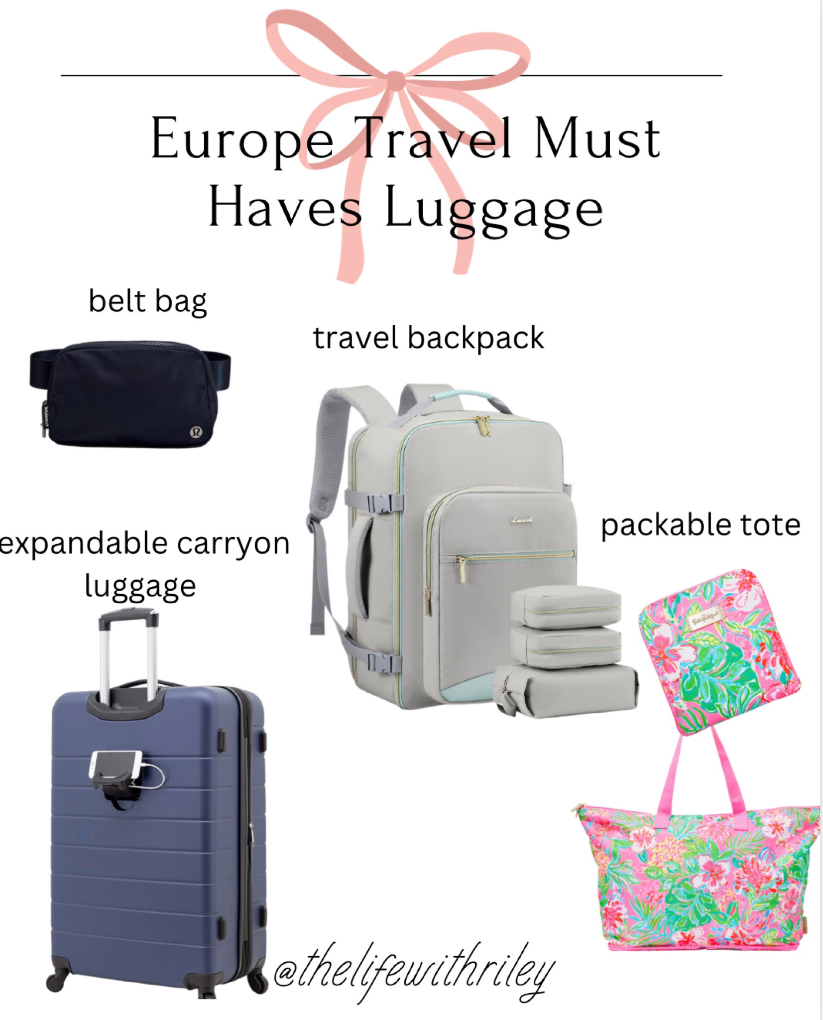 My must haves for Europe trip luggage 

A travel backpack is an absolute must. This can fit under the seat in front of you an counts as a personal item on most airlines even Ryan air, spirit etc. this thing may have fit more than the roller bag. 

A rolling suitcase that can expand because let’s me honest you’re gonna buy stuff while you’re there 

I’m not as into Lilly anymore but I e had a Lilly packable tote for YEARS. It’s so great because it hardly takes up any space and holds a lot when it’s unzipped. When I had acquired more items throughout our trip I used it to transport them on trains. I am sure there are others out there in more subtle prints. However something to be said since I’ve had this bag for over 5 years and it’s still in good condition 

Belt bag was great to wear all the time especially during travel days when you need your passport and other items easily accessible. 

Rolling carryon luggage. These were great because they weren’t expensive. Held up well. And survived multiple checked flights. I try not to spend a ton on luggage because it inevitably always gets broken. These survived planes, trains, and automobiles all throughout Europe. Even when we had them loaded up with heavier stuff they still rolled well. 



#LTKtravel #LTKFind #LTKeurope