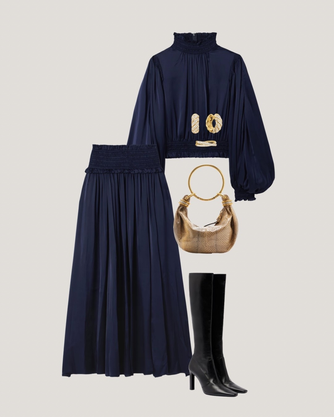 Elegant in navy — flowy separates with volume and movement, lifted by gold jewelry. Styled with tall black boots and a bag that is a statement piece on its own.

#LTKStyleTip