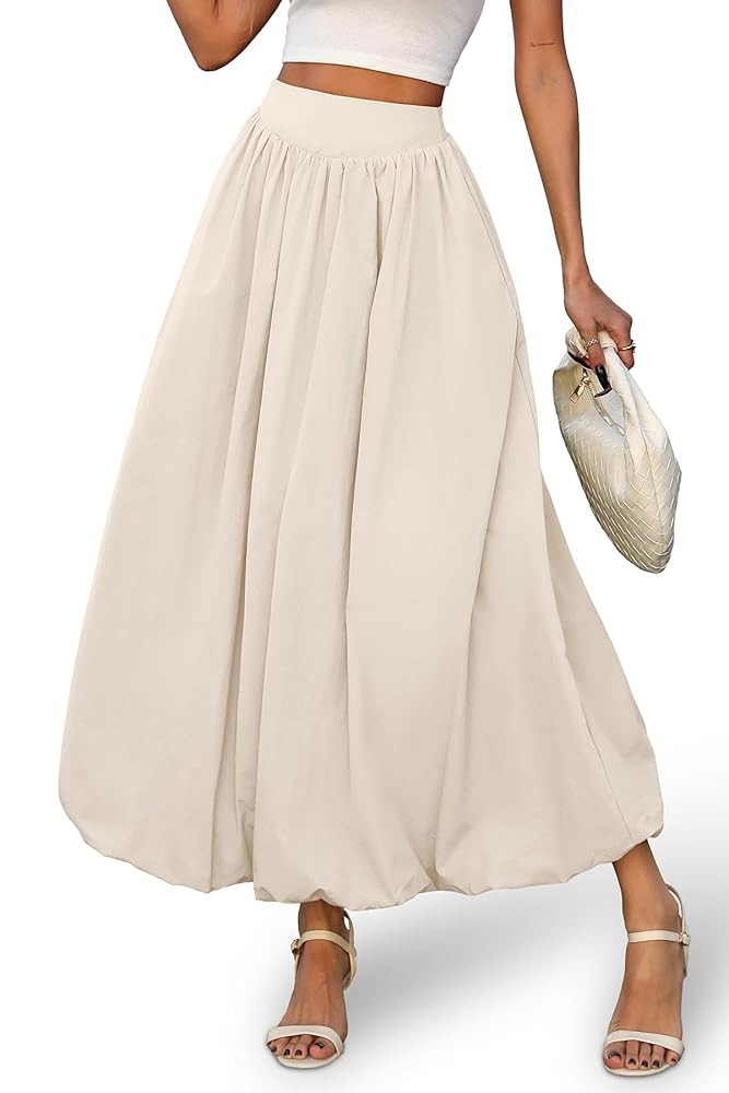 ELLEVEN Women's Bubble Maxi Skirt with Pockets，Elastic Waist Puffy Hem Y2k Skirt Casual A Line ... | Amazon (US)