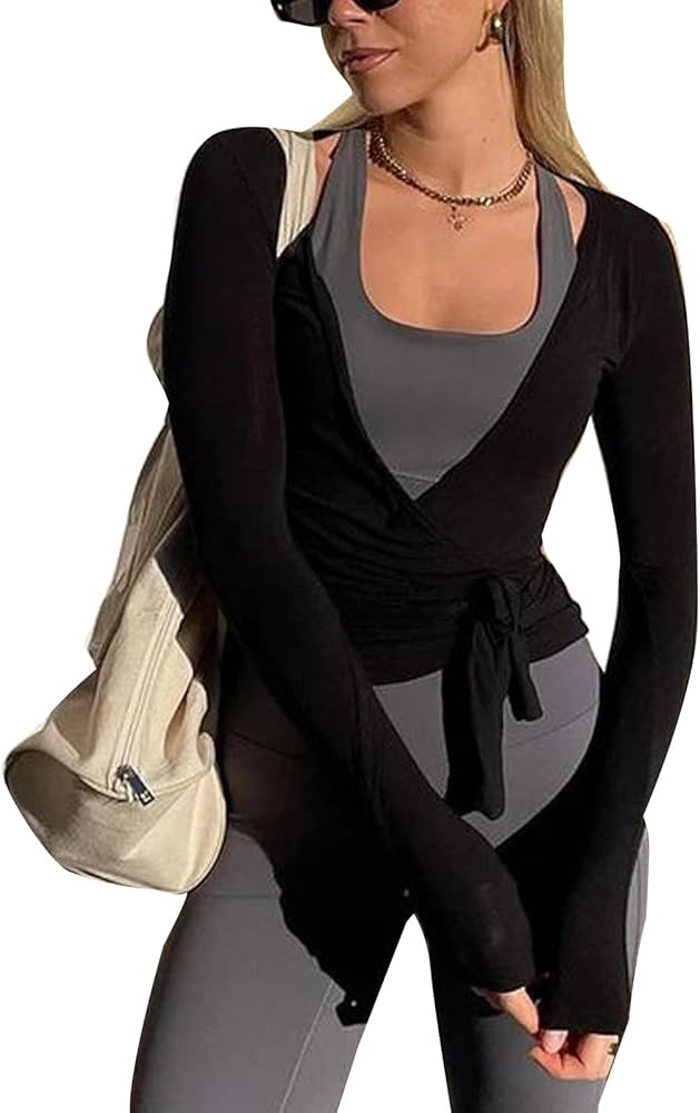 Women Ballet Wrap Top Yoga Pilates Wrap Shirt Long Sleeve Slim Fit Workout Dance Top Front Tie St... | Amazon (US)