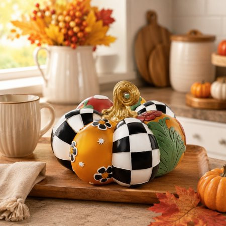 8 in Resin Checkered Pumpkin Decor, Black White Fall Tabletop Centerpiece for Thanksgiving | Walmart (US)