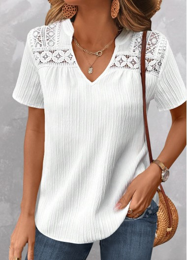 MODLILY® White Lace Short Sleeve Split Neck Blouse | modlily.com