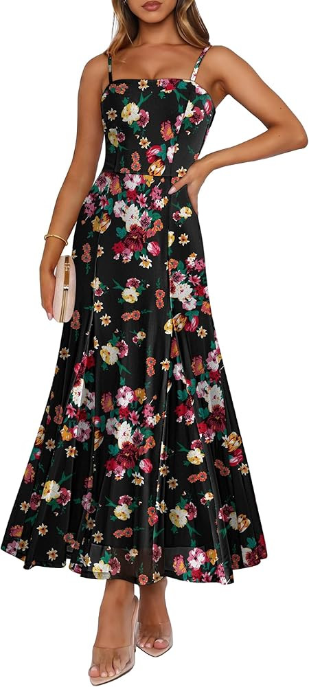 Caracilia Maxi Dresses for Women Formal Mesh Spaghetti Strap Cocktail Wedding Guest Party Floral ... | Amazon (US)