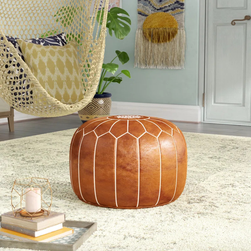 Cherise 20" Wide Genuine Leather Round Pouf Ottoman | Wayfair North America