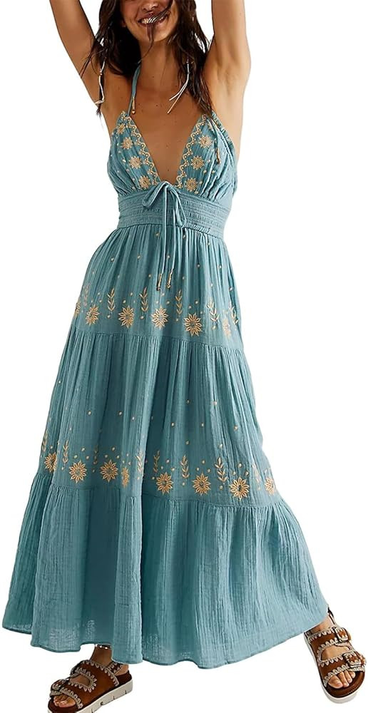 ebossy Women's Summer Boho Embroidered Daisy Maxi Dress Halter Shirred V Neck Backless Flowy Vaca... | Amazon (US)