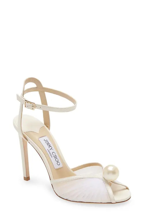 Jimmy Choo Sacora Imitation Pearl Ankle Strap Sandal in Ivory/White at Nordstrom, Size 7Us | Nordstrom