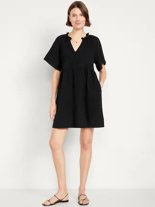 Split-Neck Crinkle Gauze Mini Swing Dress | Old Navy (CA)
