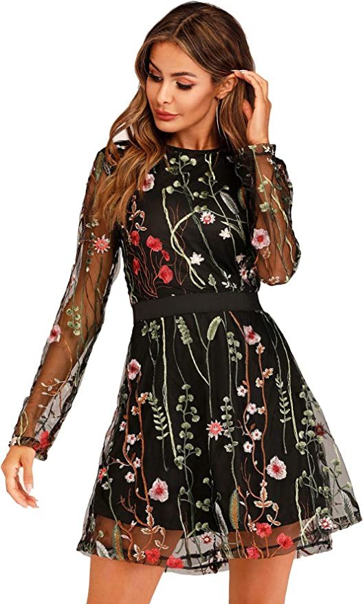 Milumia Women's Floral Embroidery Mesh Round Neck Tunic Party Dress | Amazon (US)