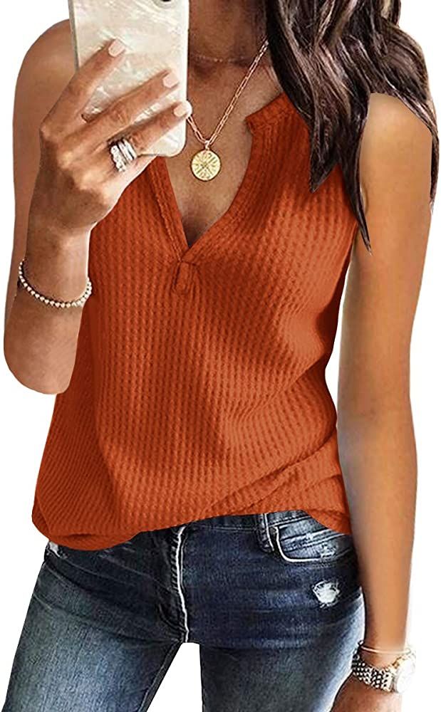 Womens Tank Tops V Neck Waffle Knit Summer Casual Sleeveless Loose Tee Shirts | Amazon (US)