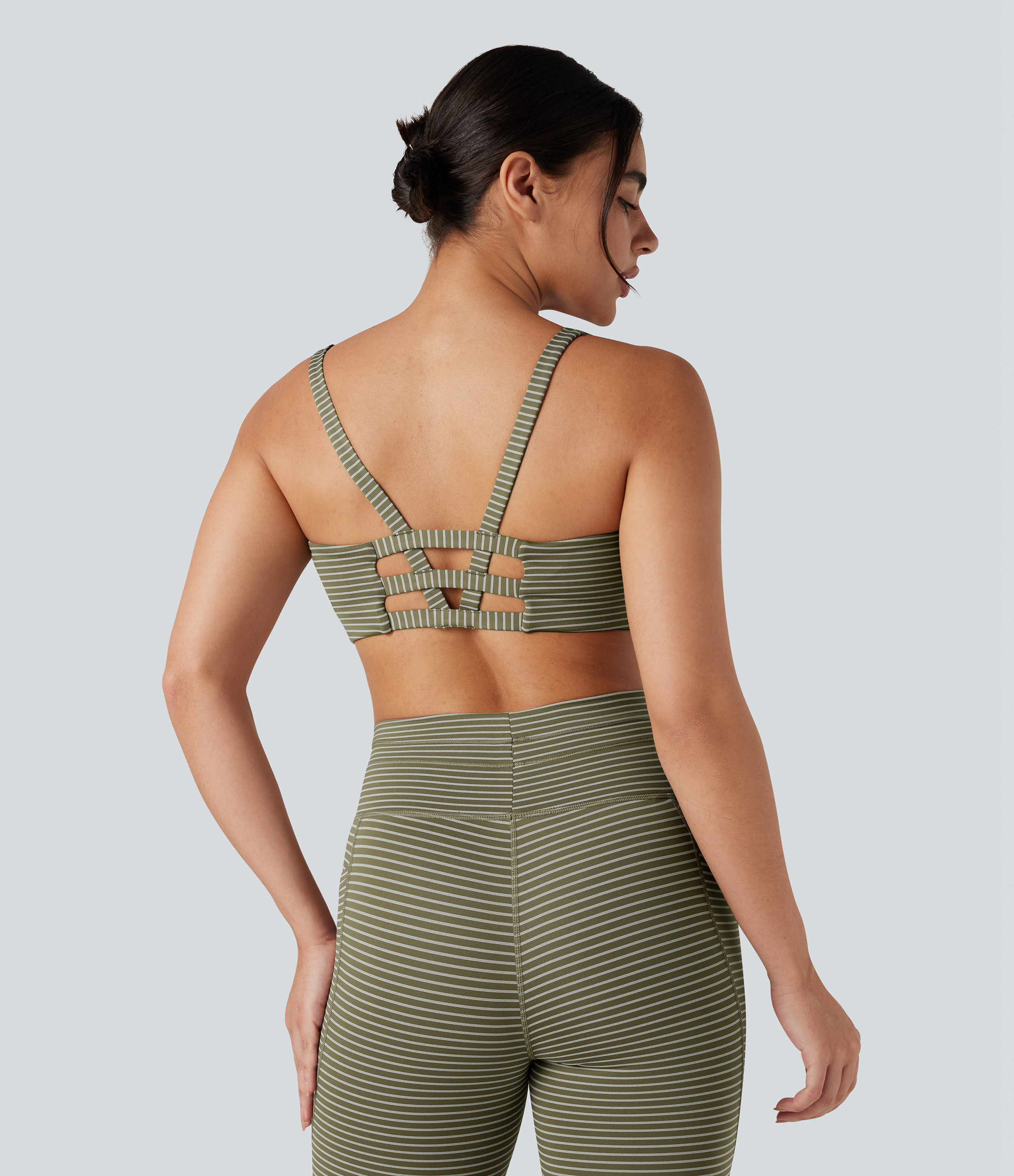 Halara Low Support U Neck Cut Out Stripe Yoga Sports Bra - Camo Olive Green - S push up bra strapless bra backless bra sticky bra | HALARA