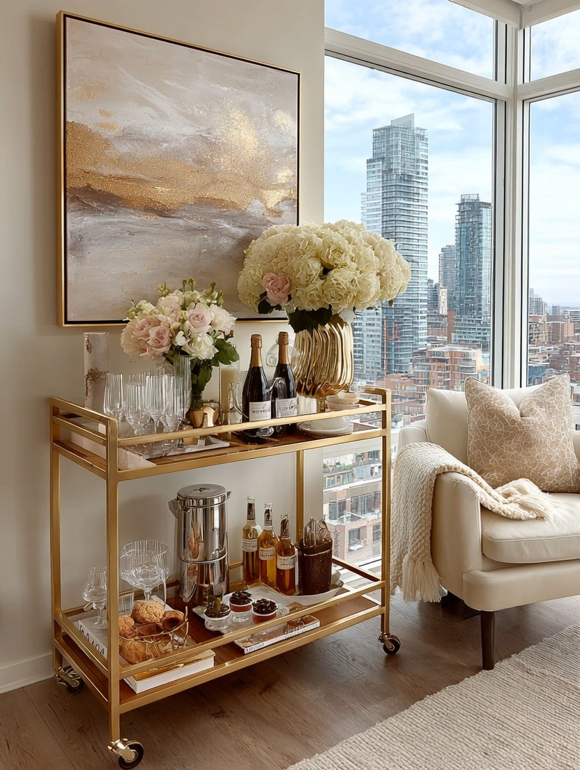 Bar carts don’t belong only in high-end offices or luxury hotels.
They belong in beautiful homes.

A gold metal bar cart instantly elevates your living room — not just as a functional piece, but as a statement accessory. It adds structure, shine, and intention to a corner that might otherwise feel empty.

Placed next to your sofa, it becomes your evening ritual station.
A glass of wine.
Sparkling water.
Fresh flowers.
Beautiful glassware.

Unwinding — but in style.

The brushed gold frame reflects light during the day and glows softly at night. Paired with florals, champagne bottles, crystal glasses, and layered trays, it transforms a simple living room into a refined, hospitality-inspired space.

Elegant living is not about excess.
It’s about creating moments — beautifully.

Add the bar cart.
Create the ritual.
Elevate your home.

#BarCartStyling #GoldBarCart #HomeBar #LivingRoomDecor #ElegantLiving #ModernGlam #InteriorInspo #LuxuryHomeStyle #EntertainInStyle #StatementDecor 

 #LTKHome