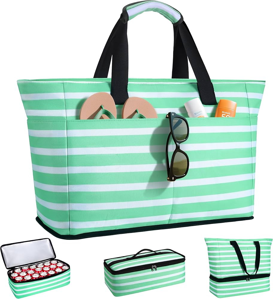 ISEYOU Beach Bag with Cooler, 49L Large Waterproof Sandproof Tote with Zipper, Foldable Travel Ba... | Amazon (US)