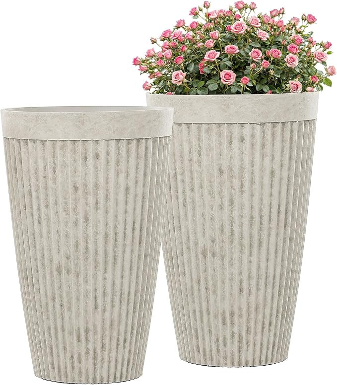 20" Resin Tall Planters for Outdoor Plants,Set of 2 Vintage Ivory Large Flower Pots with Handmade... | Amazon (US)