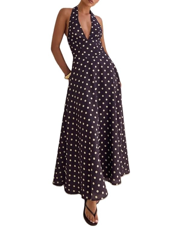 Lizxun Womens Polka Dots Maxi Dress Deep V Neck Backless Flowy Long Dresses Y2k Formal Cocktail G... | Amazon (US)