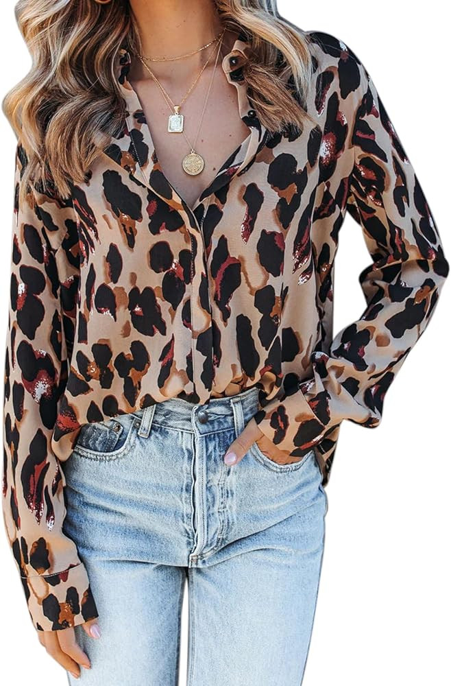 Mutitop Button Down Shirts for Women Dressy Casual Blouses V Neck Printed Boho Long Sleeve Collar... | Amazon (US)