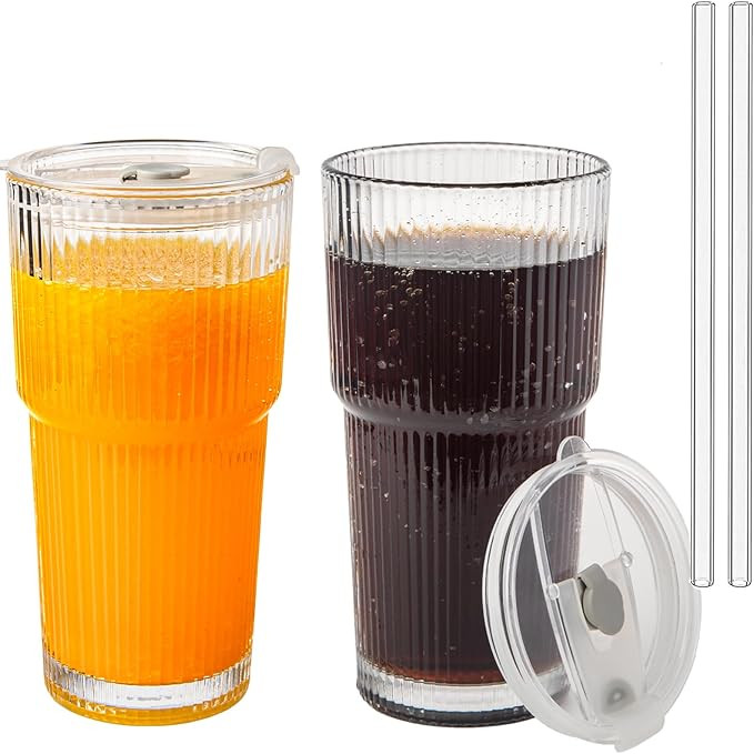 20oz Ribbed Glass Cups with Lids and Straws 2 Set, Vintage Glassware for Whiskey Cocktail Beer, G... | Amazon (US)