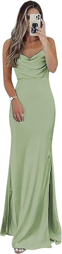 Zhongde Satin Bridesmaid Dresses for Wedding Long Spaghetti Straps Cowl Neck Silt Formal Dresses ... | Amazon (US)