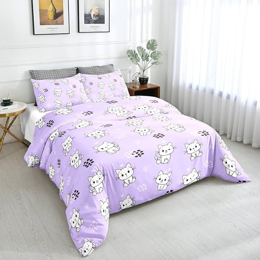 SW SETWIER Cat Bedding Set King Size Kawaii Cats Comforter Cover for Girls Boys Teens Purple Love... | Amazon (US)