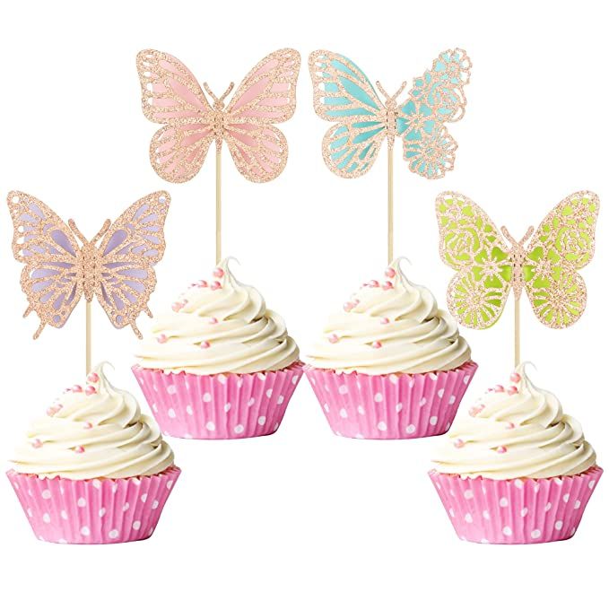 Gyufise 24Pcs Butterfly Cupcake Toppers Assembled Rose Gold Glitter Colorful Double Layers 3D But... | Amazon (US)