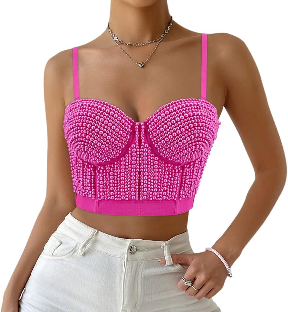 Haoohu Woment's Pearls Beaded Bustier Crop Top Club Party Push Up Sexy Corset Top Bra | Amazon (US)