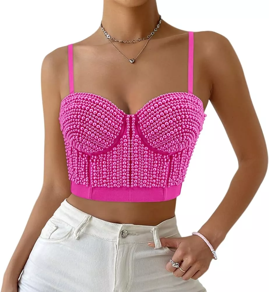 Haoohu Woment's Pearls Beaded Bustier Crop Top Club Party Push Up Sexy  Corset Top Bra