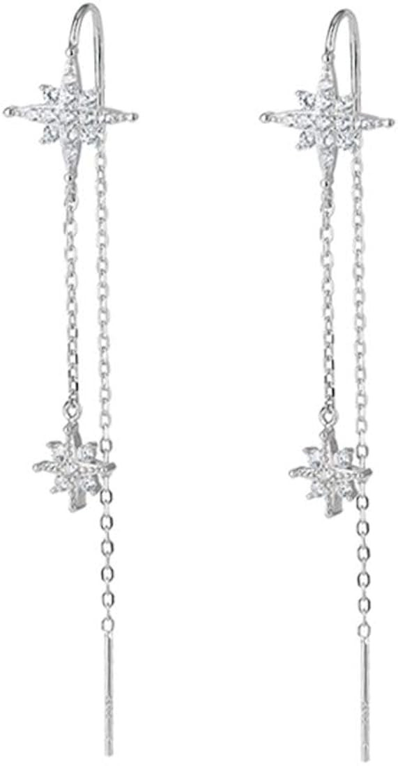 SLUYNZ Sterling Silver CZ Star Dangle Earrings for Women Teens Long Dangle Earrings Threader Tass... | Amazon (US)
