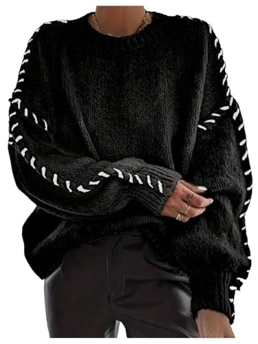 Women's Fall Oversized Sweaters Stitching Long Sleeve Crew Neck Baggy Knit Pullover Jumper Tops | Amazon (US)