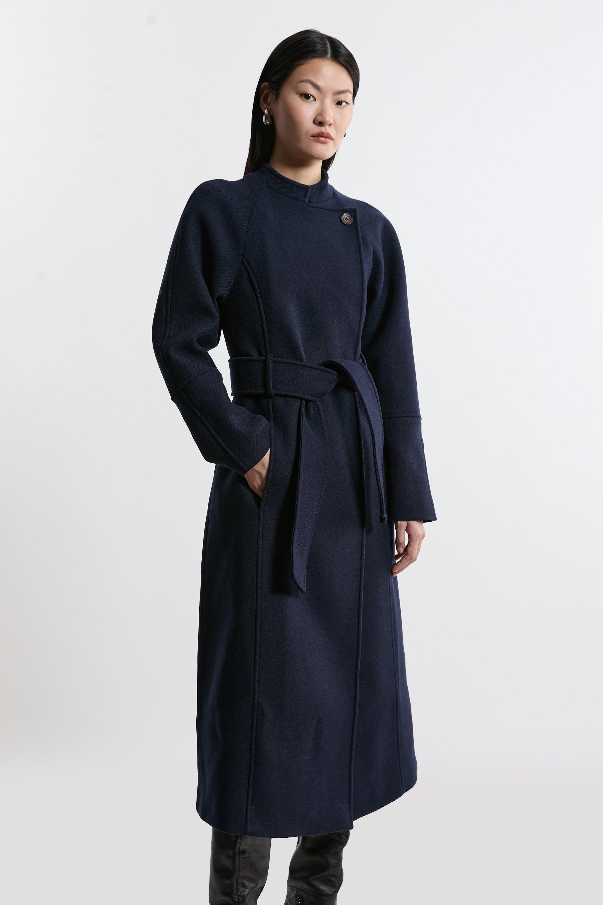 Premium Italian Manteco Wool Collarless Belted Tailored Maxi Coat | Karen Millen US