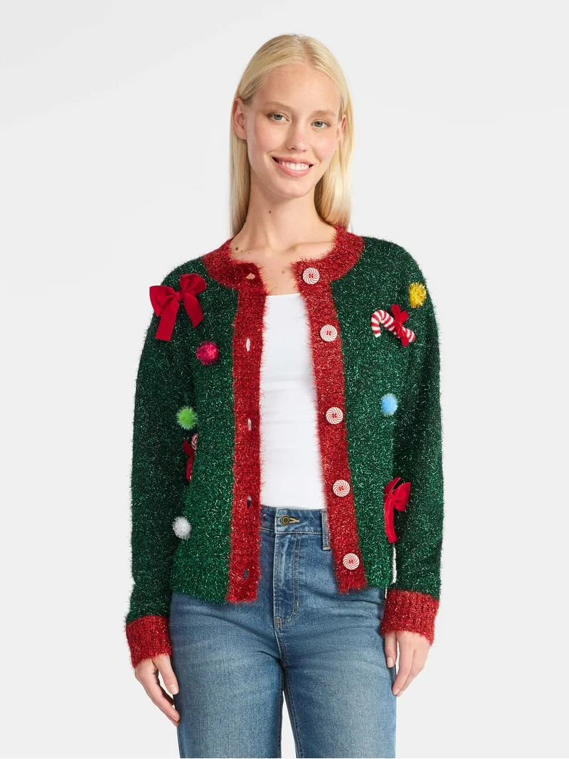 Women's Embellished Button Front Christmas Cardigan from Holiday Time, Sizes XS-XXXL - Walmart.co... | Walmart (US)