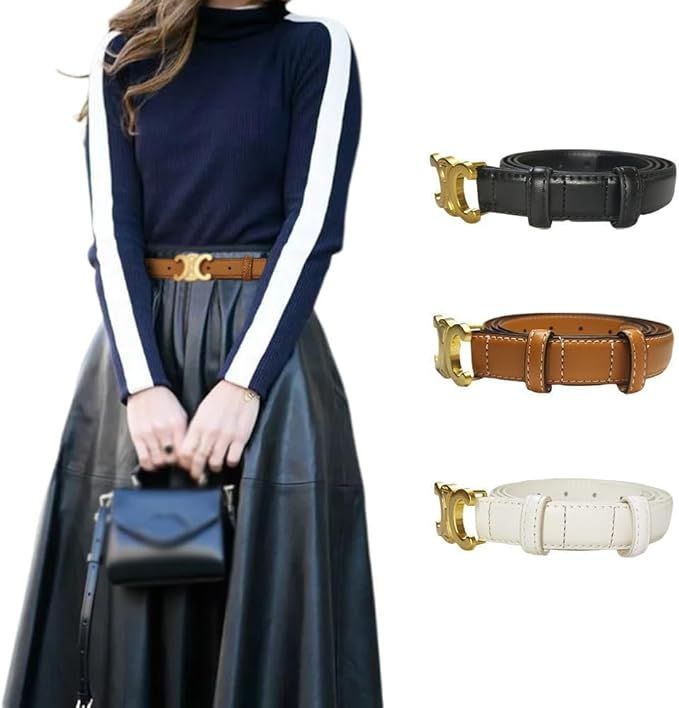 Women's Fashion Skinny Belt 2.5cm Thin Belt Women's Leather Waist Belts With Gold Buckle Belt for... | Amazon (US)